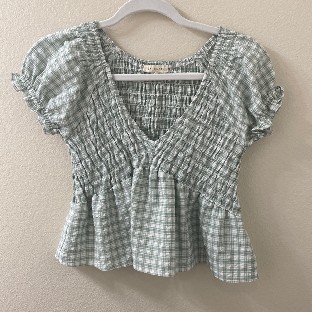 LA Hearts Sage Shirred V Neck Top